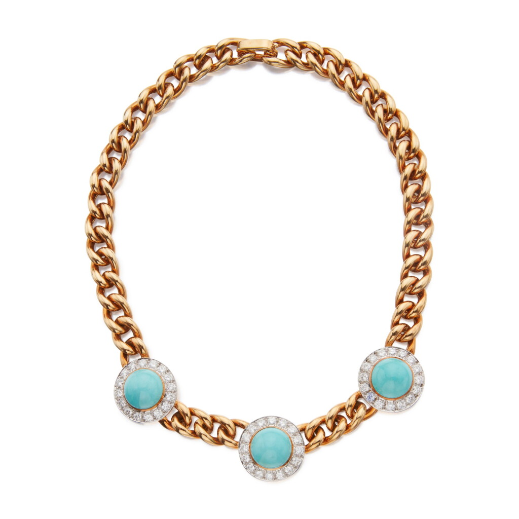 View full screen - View 1 of Lot 23. Gold, Turquoise and Diamond Necklace.