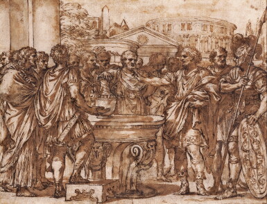 View full screen - View 1 of Lot 212. Recto: Julius Caesar preferring his Agrarian Law Verso: A partial male figure study and a study of a kneeling child with clasped hands.