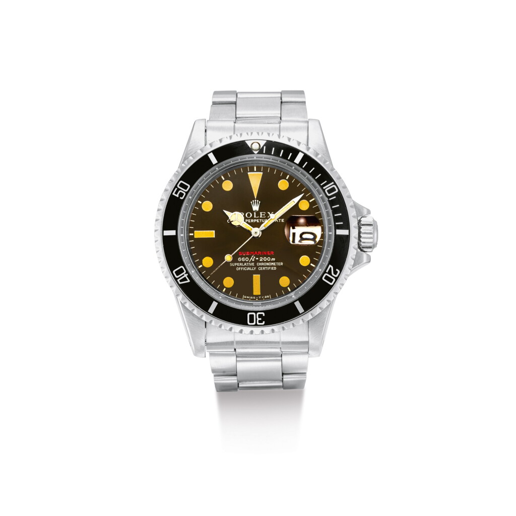 View full screen - View 1 of Lot 2110. ROLEX | SUBMARINER 'SINGLE RED', REFERENCE 1680, A STAINLESS STEEL WRISTWATCH WITH DATE, TROPICAL DIAL AND BRACELET, CIRCA 1971 | 勞力士 | "Submariner ""Single Red"" 型號1680 精鋼鏈帶腕錶,備日期顯示及棕色錶盤,錶殼編號2421653,約1971年製".