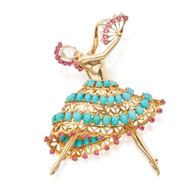 View full screen - View 1 of Lot 184. John Rubel Co. | Turquoise, Ruby and Diamond 'Ballerina' Brooch.