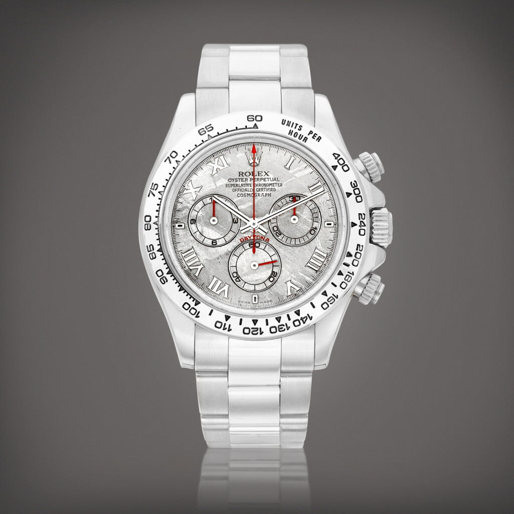 View full screen - View 1 of Lot 2228. Cosmograph Daytona, Reference 116509 | A white gold chronograph wristwatch with meteorite dial and bracelet, Circa 2010 | 勞力士 | Cosmograph Daytona 型號116509 | 白金計時鏈帶腕錶,備隕石錶盤,約2010年製.