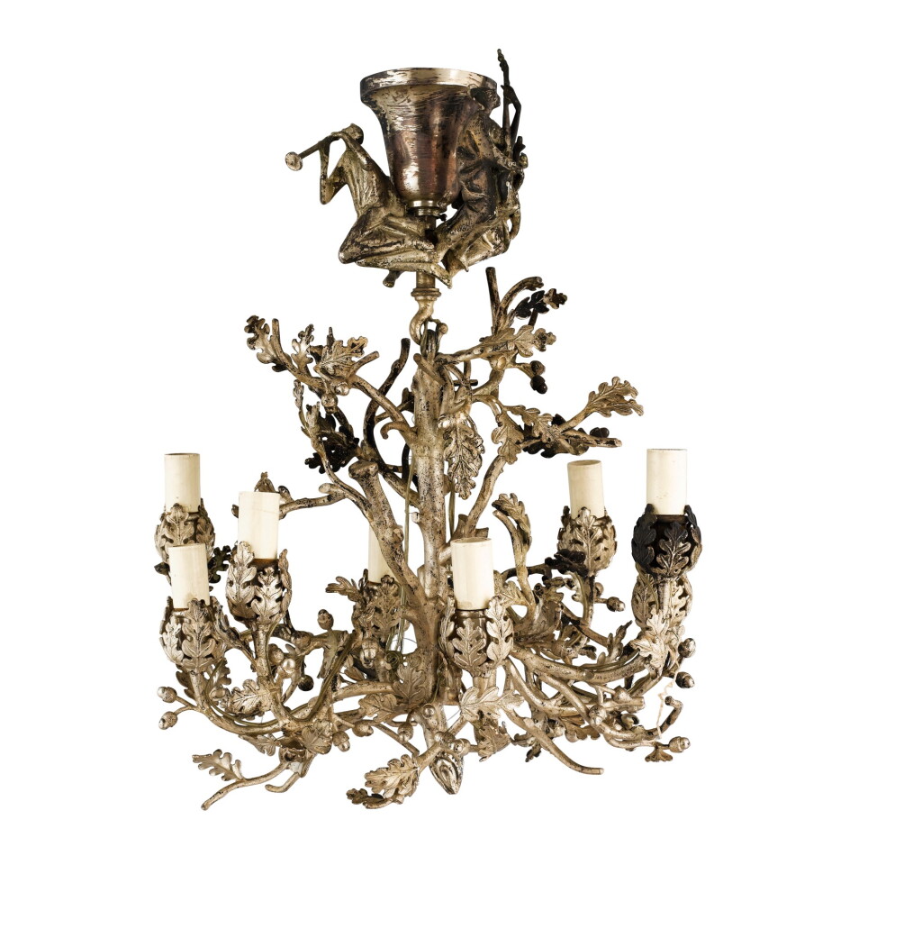 View full screen - View 1 of Lot 23. AN ITALIAN SILVER EIGHT-LIGHT CHANDELIER IN THE ROCOCO STYLE, EGIGIO GIAROLI, ROME, CIRCA 1960 | LUSTRE À HUIT LUMIÈRES EN ARGENT DE STYLE ROCAILLE PAR EGIGIO GIAROLI, ROME, VERS 1960.