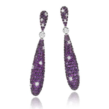 View full screen - View 1 of Lot 16. DE GRISOGONO | PAIR OF AMETHYST AND DIAMOND EARRINGS, 'GOCCE'.