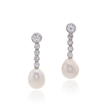 View full screen - View 1 of Lot 774. Pair of natural pearl and diamond earrings.