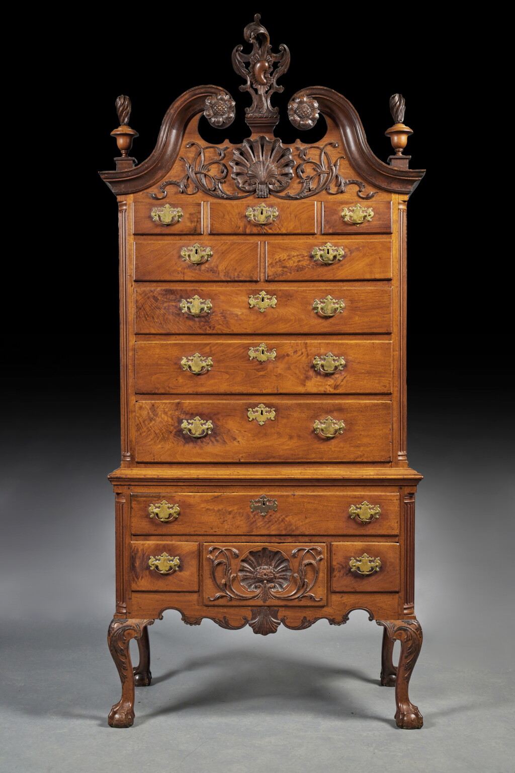 View full screen - View 1 of Lot 858. The Important Mrs. J. Insley Blair Chippendale Carved And Figured Walnut Scroll-Top High Chest of Drawers, Case attributed to Henry Clifton (c. 1725-1771) and Thomas Carteret (act. 1753-1765), Carving attributed to 'Spike', Philadelphia, Pennsylvania, Circa 1760 .