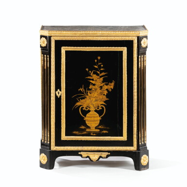 View full screen - View 1 of Lot 97. A LOUIS XVI GILT-BRONZE MOUNTED JAPANESE LACQUER AND EBONY CABINET, STAMPED N. PETIT ET JME | CABINET BAS EN LAQUE DU JAPON À FOND NOIR ET OR, PLACAGE D'ÉBÈNE ET BRONZE DORÉ D'ÉPOQUE LOUIS XVI, ESTAMPILLÉ N. PETIT ET JME.