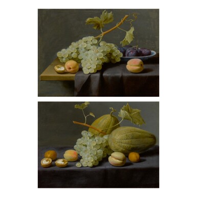 View full screen - View 1 of Lot 25. JACOB VAN ES | STILL LIFE OF GRAPES, PEACHES, AND A WALNUT, TOGETHER WITH PLUMS IN A BLUE AND WHITE PORCELAIN BOWL, ALL UPON A PARTLY DRAPED STONE LEDGE; STILL LIFE OF HONEY MELONS, GRAPES, PEACHES, AND WALNUTS, ALL UPON A STONE LEDGE.