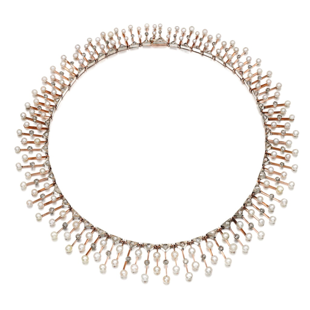 View full screen - View 1 of Lot 245. NATURAL PEARL AND DIAMOND NECKLACE, LATE 19TH CENTURY.