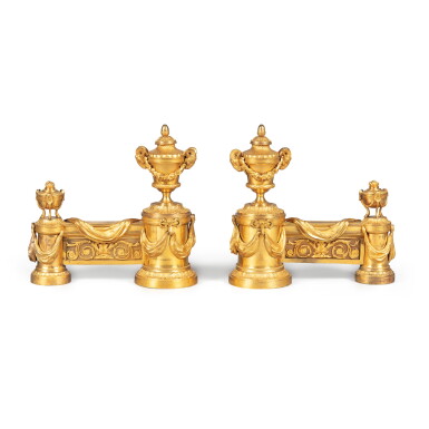 View full screen - View 1 of Lot 248. A pair of gilt-bronze firedogs, Louis XV style, early 19th century Paire de chenets au vase et cassolette en bronze doré de style Louis XV, début XIXe siècle.