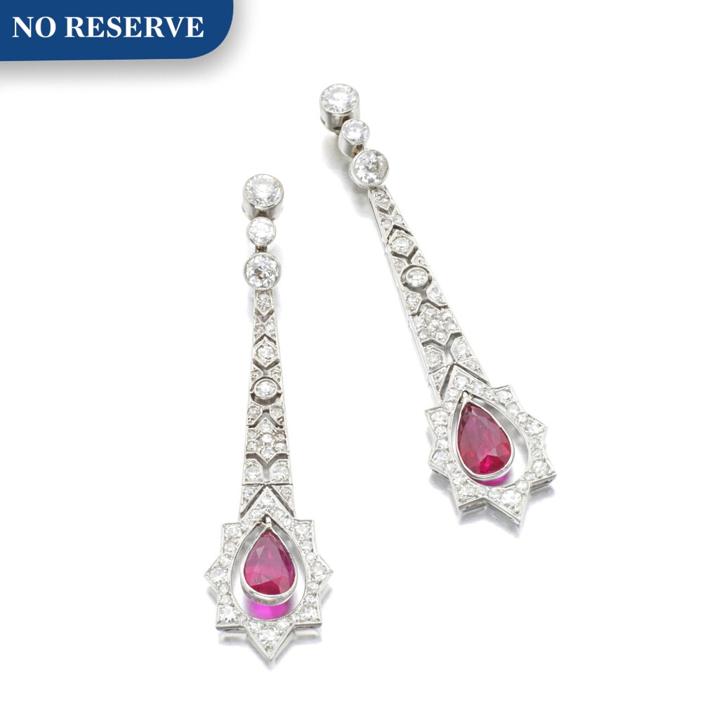 View full screen - View 1 of Lot 1026. Pair of ruby and diamond pendent earrings.