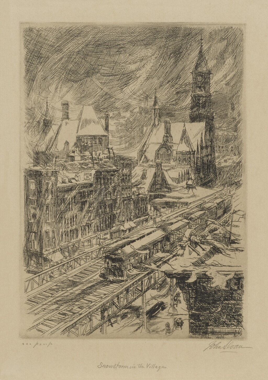 View full screen - View 1 of Lot 133. JOHN SLOAN | SNOWSTORM IN THE VILLAGE (MORSE 216).