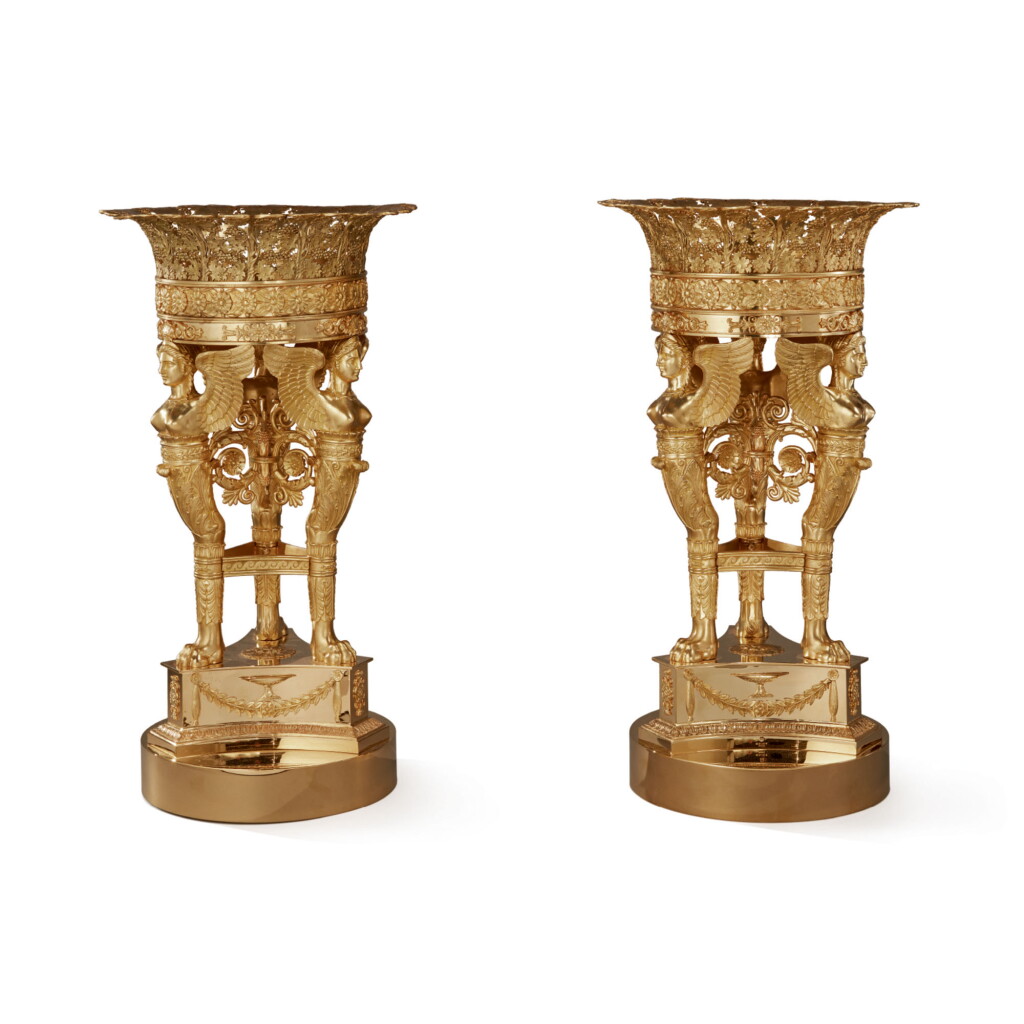 View full screen - View 1 of Lot 840. A PAIR OF EMPIRE STYLE GILT BRONZE 'CORBEILLES A TROIS SPHYNGES' FRUIT BASKETS BY MAISON ODIOT, LAST QUARTER 20TH CENTURY .