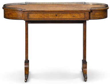 View full screen - View 1 of Lot 100. A REGENCY EBONY STRUNG BURR ELM WRITING TABLE, CIRCA 1820.