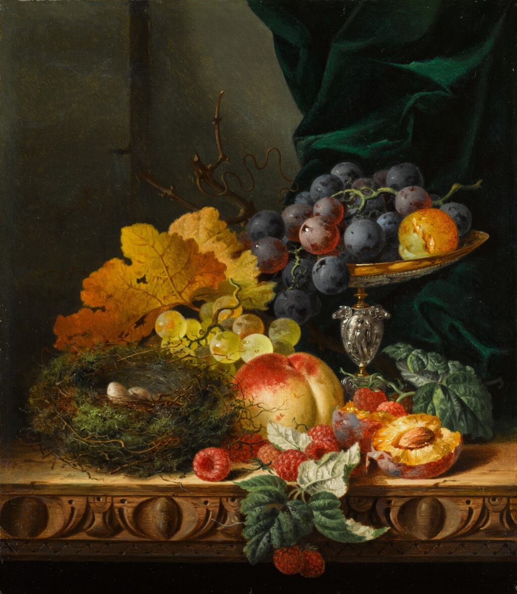 View full screen - View 1 of Lot 101. Still Life with a Bird's Nest and a Tazza Overspilling with Peaches, Plums, Grapes and Raspberries on a Carved Wooden Table.