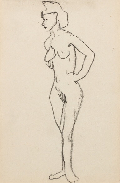 View full screen - View 1 of Lot 245. Femme nue debout de trois quarts vers la gauche, main à la hanche.