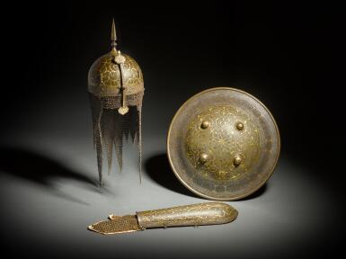View full screen - View 1 of Lot 156. A set of Qajar gold-overlaid steel armour, Persia, second half 19th century.