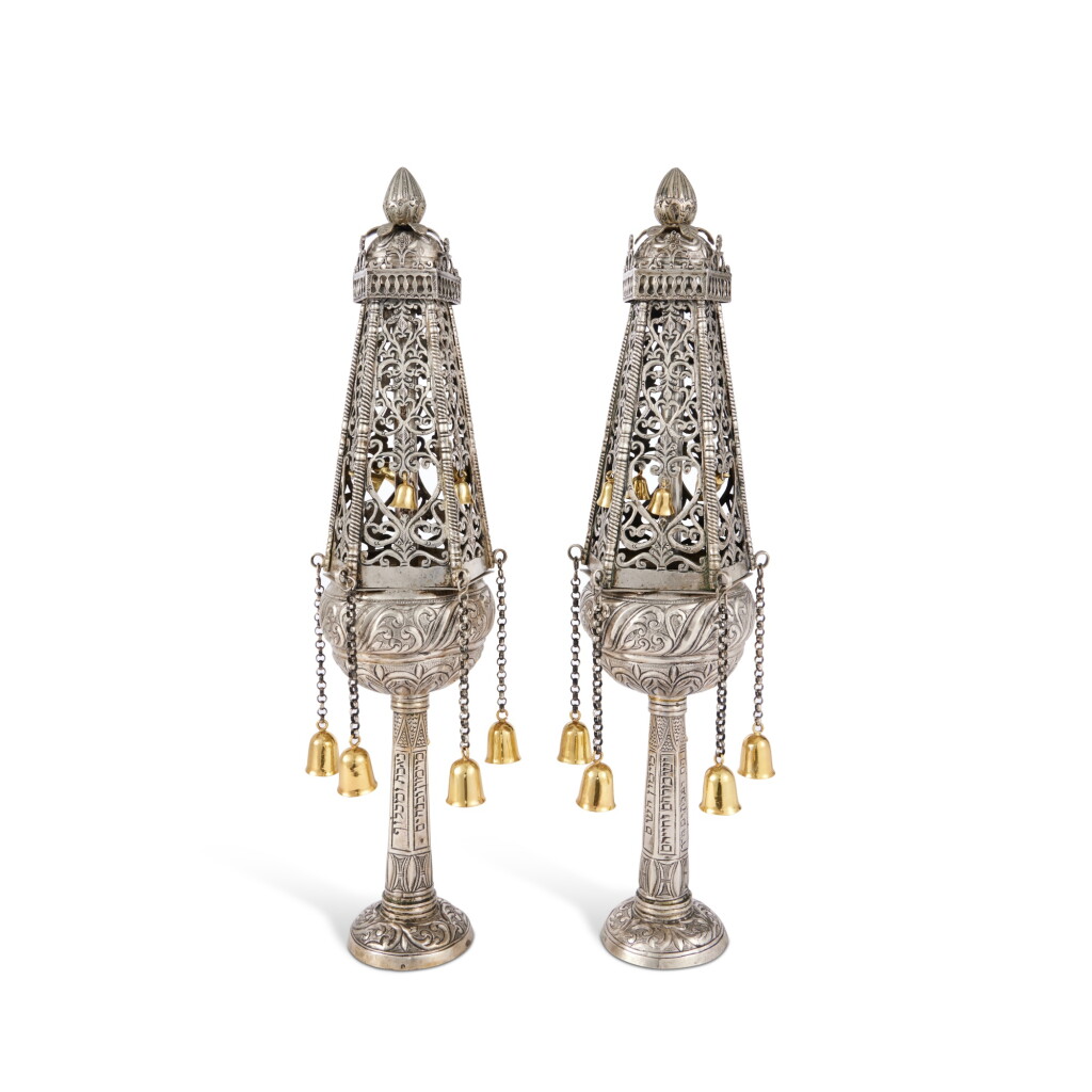 View full screen - View 1 of Lot 102. A Pair of North African Silver Torah Finials, Maker's Mark VB With Crescent Between, Circa 1900.