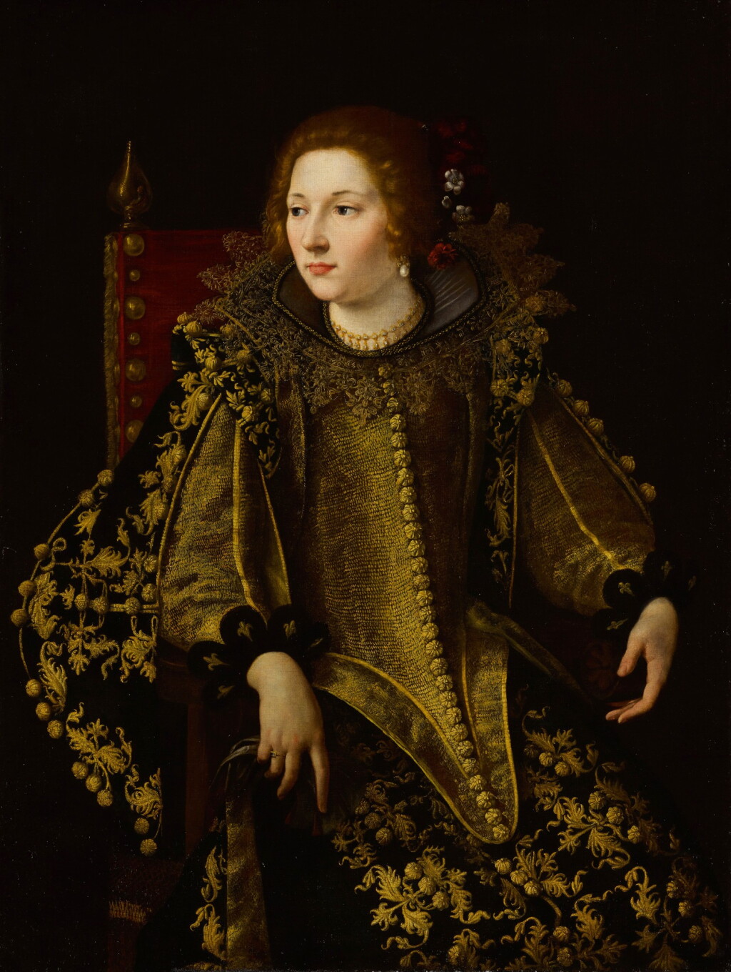 View full screen - View 1 of Lot 31. Portrait of a seated lady, three-quarter length, in an elaborate and gold-embroidered costume, possibly Caterina Savelli, Principessa di Albano.