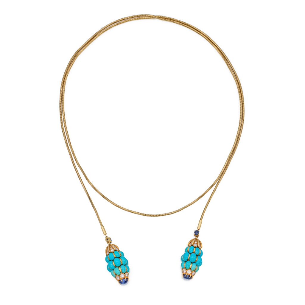 View full screen - View 1 of Lot 182. A Gold, Turquoise, Sapphire and Diamond Lariat Necklace.