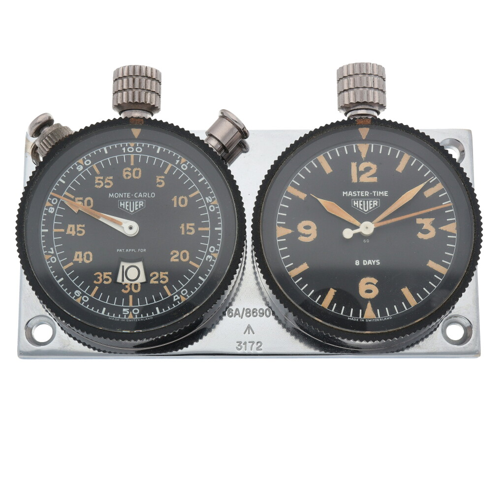 View full screen - View 1 of Lot 99. Rally-Master Set A plate-mounted pair of Rally Master dashboard clock including a Master-Time 8-Day power reserve and Monte-Carlo stopwatch with with British Armed Forces logo engraved Circa 1950.