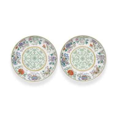 View full screen - View 1 of Lot 147. A pair of famille-rose 'bajixiang' dishes, Marks and period of Tongzhi.