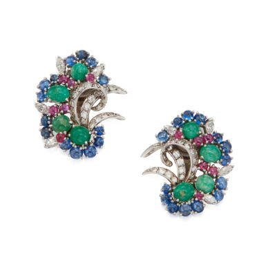 View full screen - View 1 of Lot 222. Pair of Emerald, Sapphire, Ruby and Diamond Earclips.