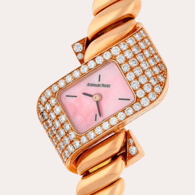 View full screen - View 1 of Lot 338. A pink gold and diamond-set bracelet watch with mother-of-pearl dial | Circa 1998.
