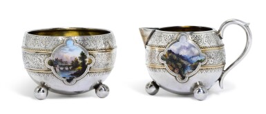 View full screen - View 1 of Lot 143. A Rare Victorian Parcel-Gilt Silver and Enamel Sugar Bowl and Cream Jug with Scenes of Alnwick Castle, Elkington & Co, Frederick Elkington, Birmingham, 1886.