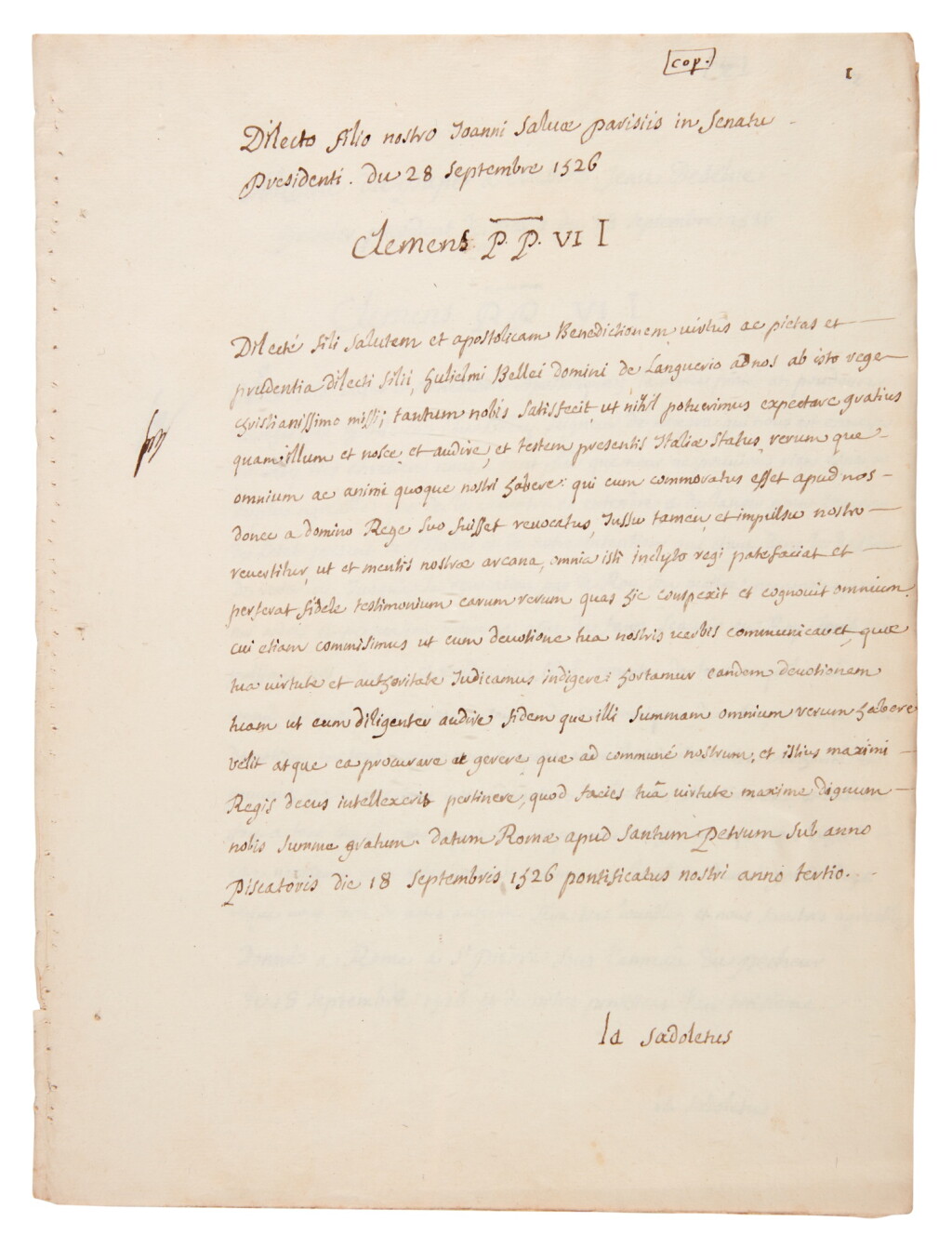 View full screen - View 1 of Lot 1669. Du Bellay, Letter to Jean de Selve, Rome, 29 March 1527.