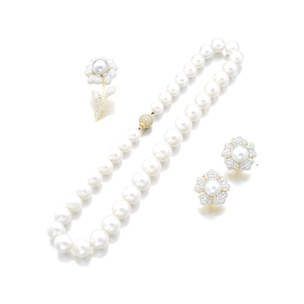 View full screen - View 1 of Lot 525. CULTURED PEARL AND DIAMOND DEMI-PARURE AND A NECKLACE.