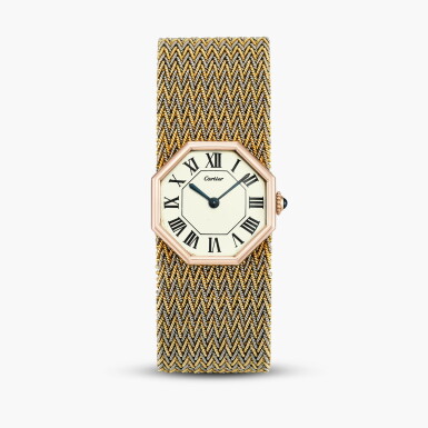 View full screen - View 1 of Lot 2246. Octagonal | A very rare Lady's three colour gold octagonal bracelet watch with pink gold deployant buckle, Circa 1971.