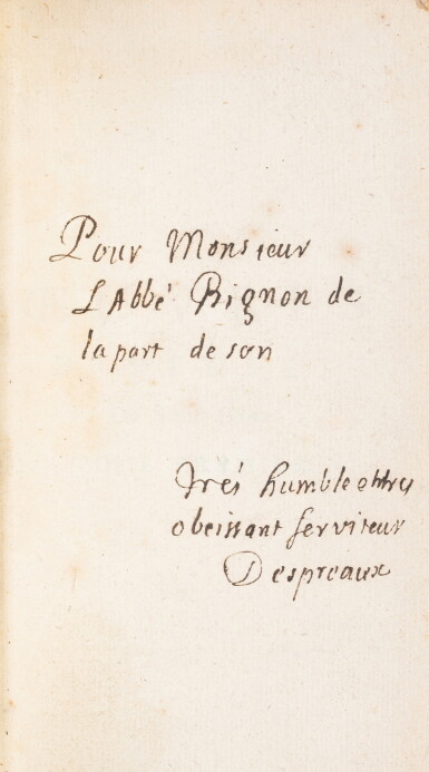 View full screen - View 1 of Lot 3. Oeuvres diverses. Paris 1694. 2 vol. in-8. Envoi de Boileau à l'abbé Bignon.