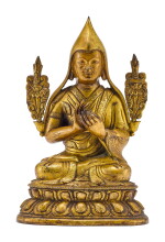 A GILT-BRONZE FIGURE OF TSONGKHAPA, QING DYNASTY, 18TH CENTURY | 清十八世紀 鎏金銅宗喀巴坐像