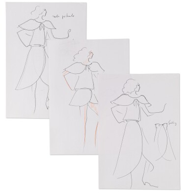 View full screen - View 1 of Lot 78. Three sketches for fashion, in the 80's | Trois croquis de mode originaux, années 1980.