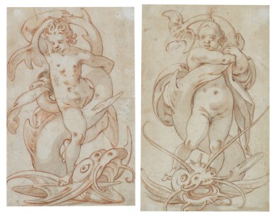 View full screen - View 1 of Lot 565. CIRCLE OF CHRISTOPH GERTNER | Two drawings of children frolicking with fantastical dolphins.