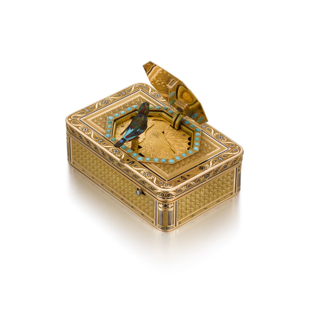 View full screen - View 1 of Lot 32. A jewelled gold and enamel singing bird box, Rémond, Lamy, Mercier & Co, Geneva, circa 1815.