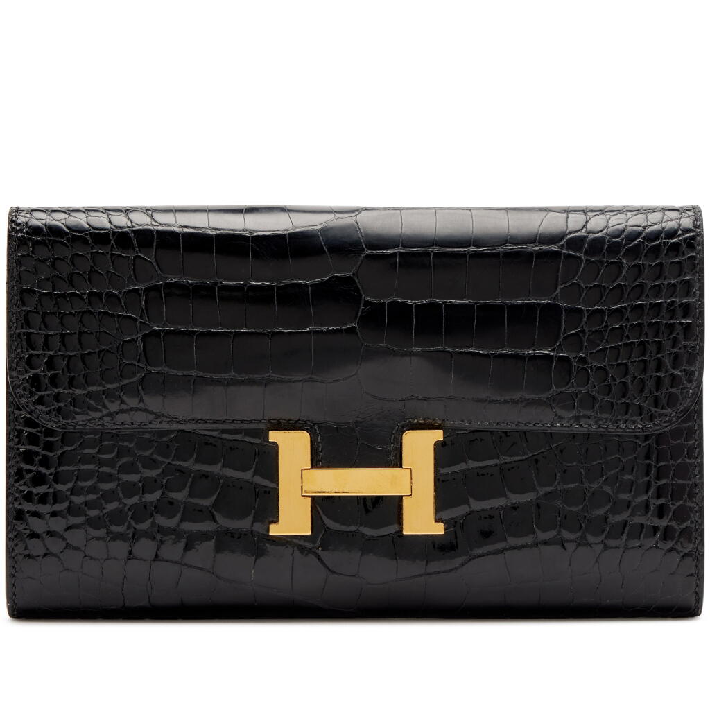 View full screen - View 1 of Lot 68. Black Shiny Mississippiensis Alligator Constance Long Wallet Gold Hardware, 2017.