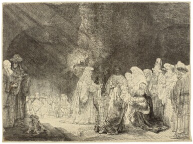 View full screen - View 1 of Lot 75. REMBRANDT HARMENSZ. VAN RIJN | THE PRESENTATION IN THE TEMPLE: OBLONG PLATE (B., HOLL. 49; NEW HOLL. 184; H. 162).