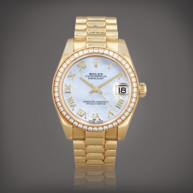 View full screen - View 1 of Lot 435. Lady Datejust, reference 178288 Montre bracelet en or jaune et sertie de diamants avec cadran nacre date | Yellow gold and diamond-set wristwatch with mother-of-pearl dial, date and bracelet Vers 2010 | Circa 2010.