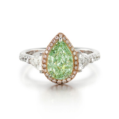 View full screen - View 1 of Lot 213. Fancy Intense Yellowish Green Diamond and Diamond Ring | 2.01克拉 濃彩黃綠色鑽石 配 鑽石 戒指.