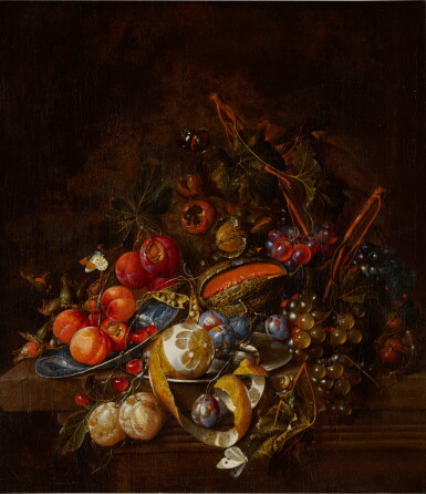 View full screen - View 1 of Lot 487. Still life of peaches, grapes, plums, a partially peeled lemon, medlars, a Wan-Li bowl, nuts, a snail and butterflies, all on a stone ledge.