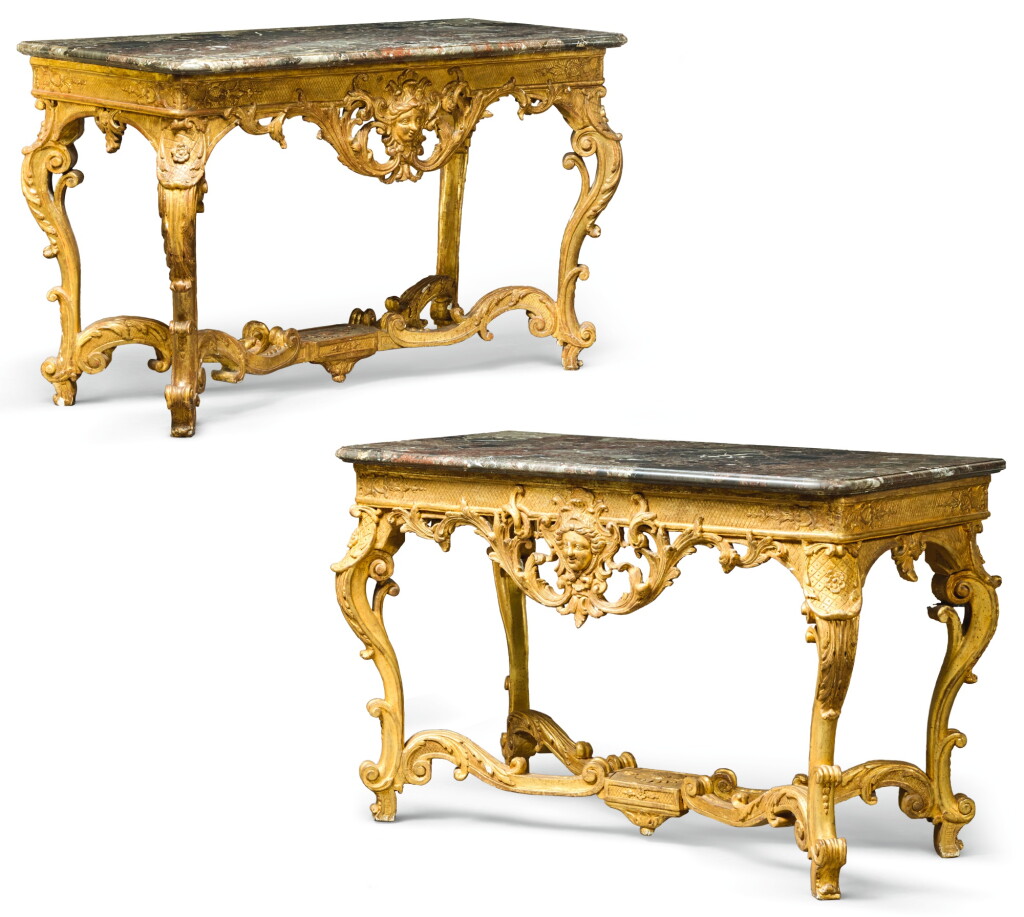 View full screen - View 1 of Lot 127. A PAIR OF RÉGENCE CARVED GILTWOOD CONSOLE TABLES CIRCA 1720-25.