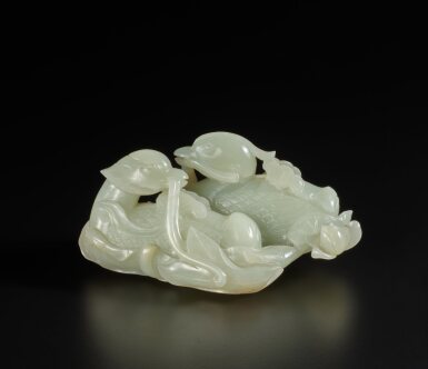 View full screen - View 1 of Lot 278. A large pale celadon jade 'mandarin ducks and lotus' group, Qing dynasty, Qianlong period | 清乾隆 青白玉雕鴛鴦銜蓮擺件.
