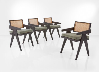 View full screen - View 1 of Lot 87. PIERRE JEANNERET | SET OF FOUR "OFFICE" ARMCHAIRS, MODEL NO. PJ-SI-28-A.
