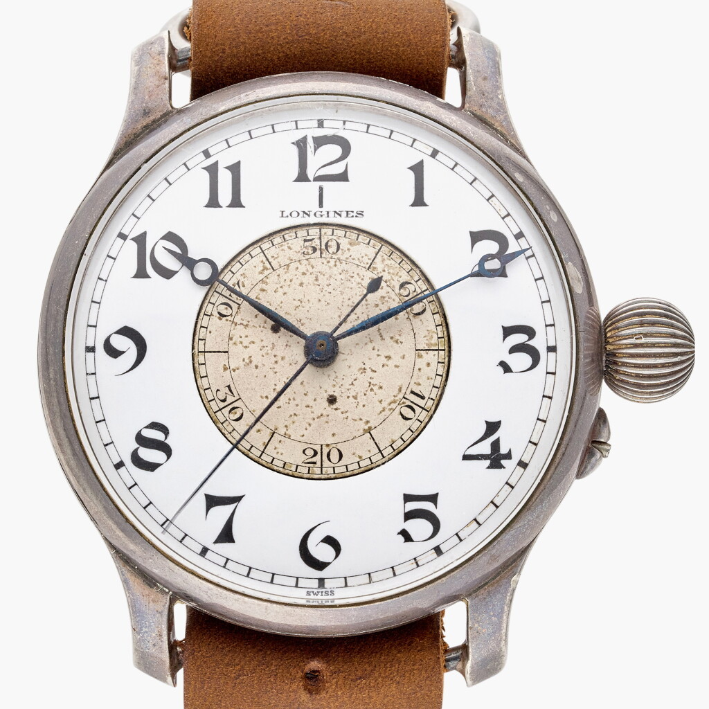 View full screen - View 1 of Lot 601. Weems Second Setting | An oversized silver pilot's wristwatch with sidereal time and enamel dial, Circa 1930.