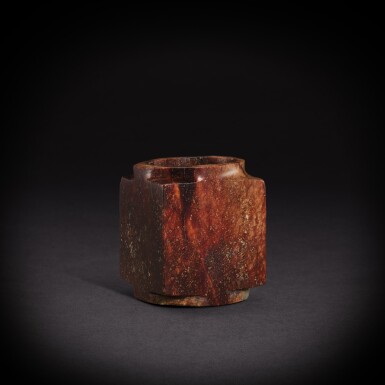 View full screen - View 1 of Lot 3465. A pale celadon and russet jade cong, Neolithic period, Longshan culture | 新石器時代 龍山文化 青白玉琮.