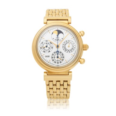 View full screen - View 1 of Lot 11. IWC | DA VINCI, REF 3750 YELLOW GOLD PERPETUAL CALENDAR CHRONOGRAPH WRISTWATCH WITH MOON-PHASES CIRCA 1998.