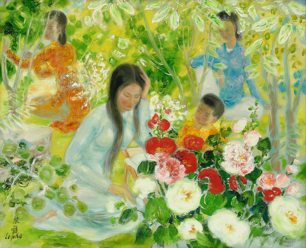 View full screen - View 1 of Lot 772. Le Pho 黎譜 | Mother and child with two ladies in the garden 花園中的母子與少女.