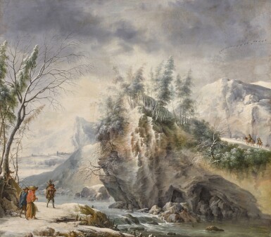 View full screen - View 1 of Lot 666. A mountainous winter landscape with travellers beside a river.