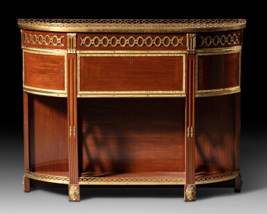 View full screen - View 1 of Lot 42. A mahogany veneered and gilt-bronze console-secrétaire, Louis XVI, circa 1780, stamp by Charles Topino | Console formant secrétaire en acajou, placage d'acajou et monture de bronze doré d'époque Louis XVI, vers 1780, estampille de Charles Topino.